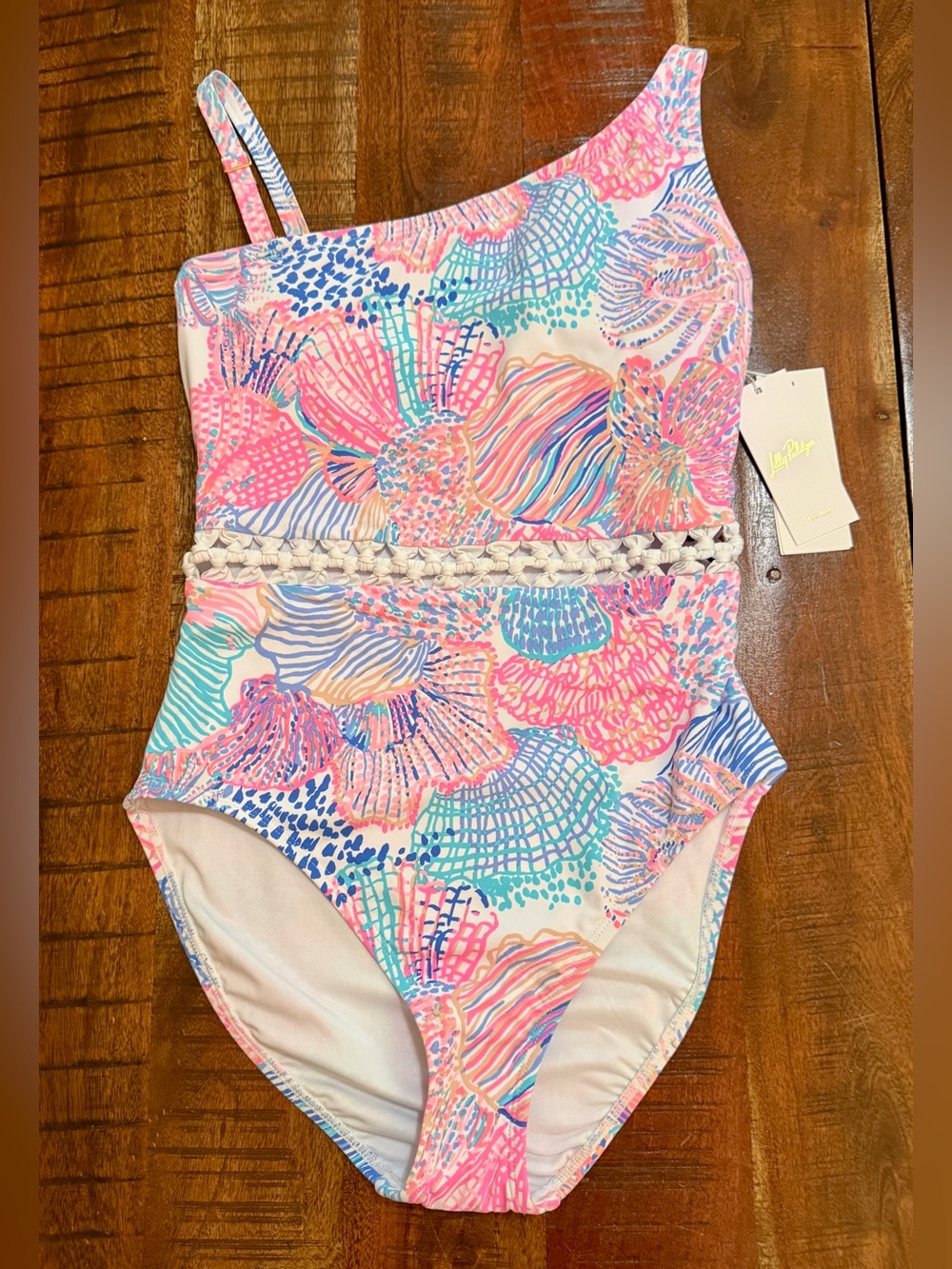 Women’s lilly Pulitzer One-Shoulder Floral Print Swimsuit in Pink & Aqua